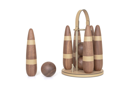 Luxury Walnut & Leather Bowling Set – Handcrafted by Pinetti