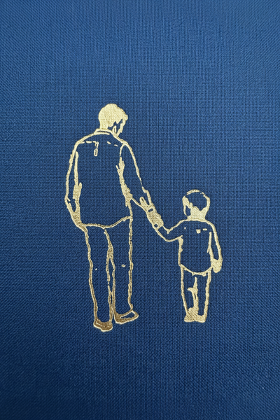 Outline of a man and a child holding hands on a blue background