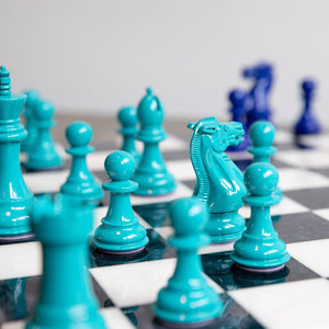 Bold Chess Set in Peacock Blue & Surf the Web Blue – Limited Edition, Handcrafted by Purling