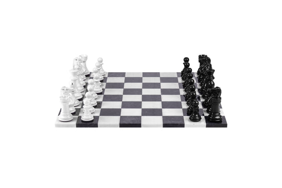 Bold Chess Set in Classic Black & White with Italian Alabaster Board – Handcrafted by Purling