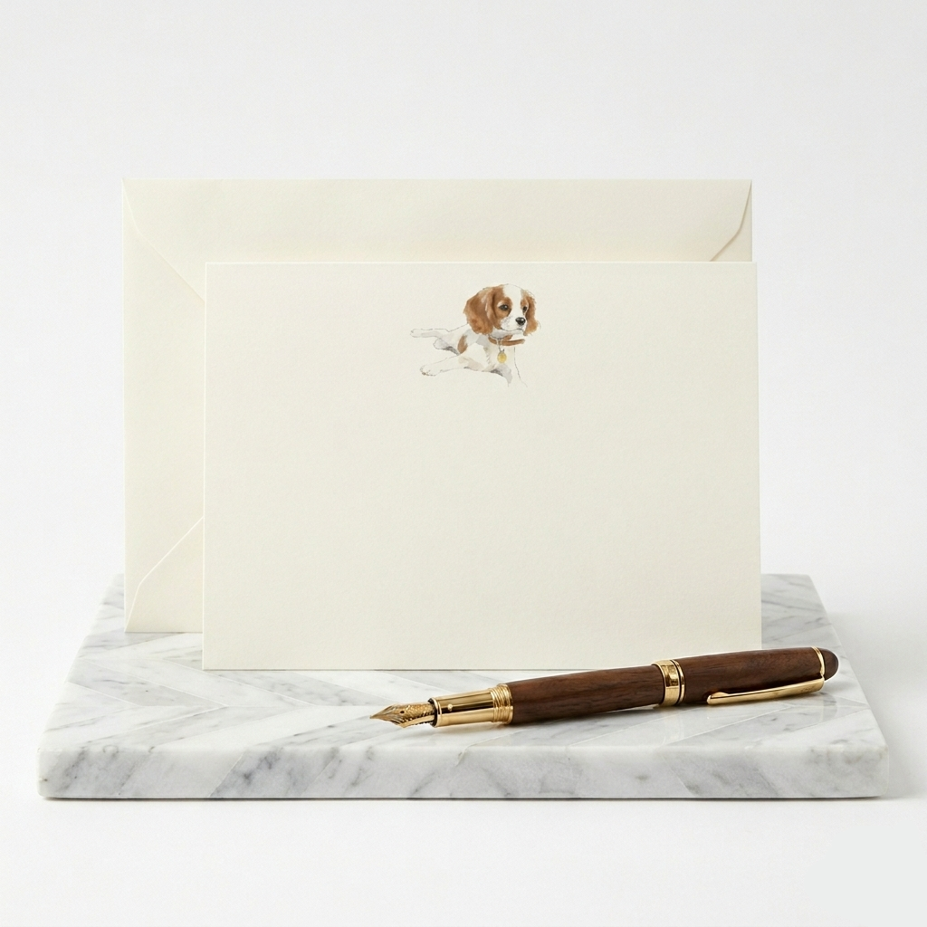Correspondence card with dog illustration and fountain pen on marble surface