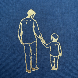 Outline of a man and a child holding hands on a blue background