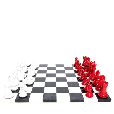 Bold Chess Set in Red & White with Alabaster Stone Board