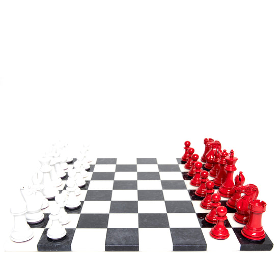 Bold Chess Set in Red & White with Alabaster Stone Board – Handcrafted by Purling