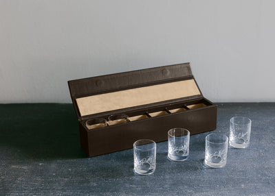 Personalised Shot Glasses in Leather Box Mocha