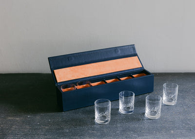 Personalised Shot Glasses in Leather Box Sapphire